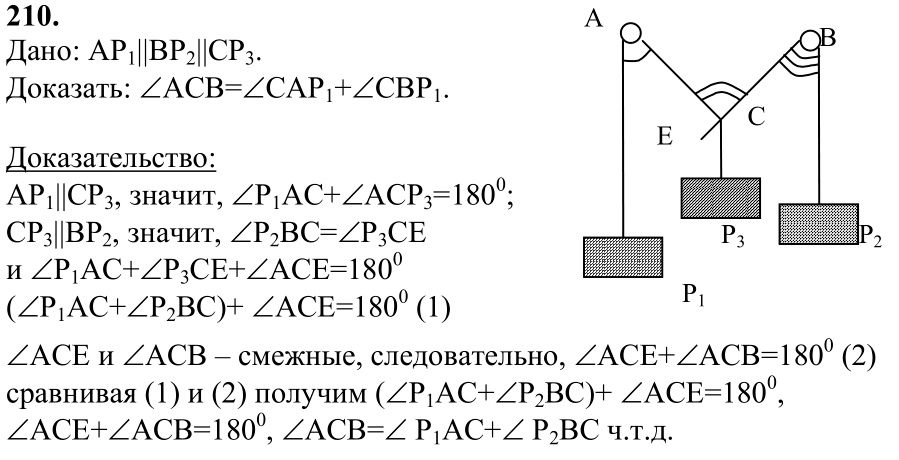 Геометрия 7 атанасян решебник. Геометрия 7 класс Атанасян 210. Геометрия 7 класс номер 210. Два тела р1 и р2 подвешены на концах нити перекинутой через блоки.